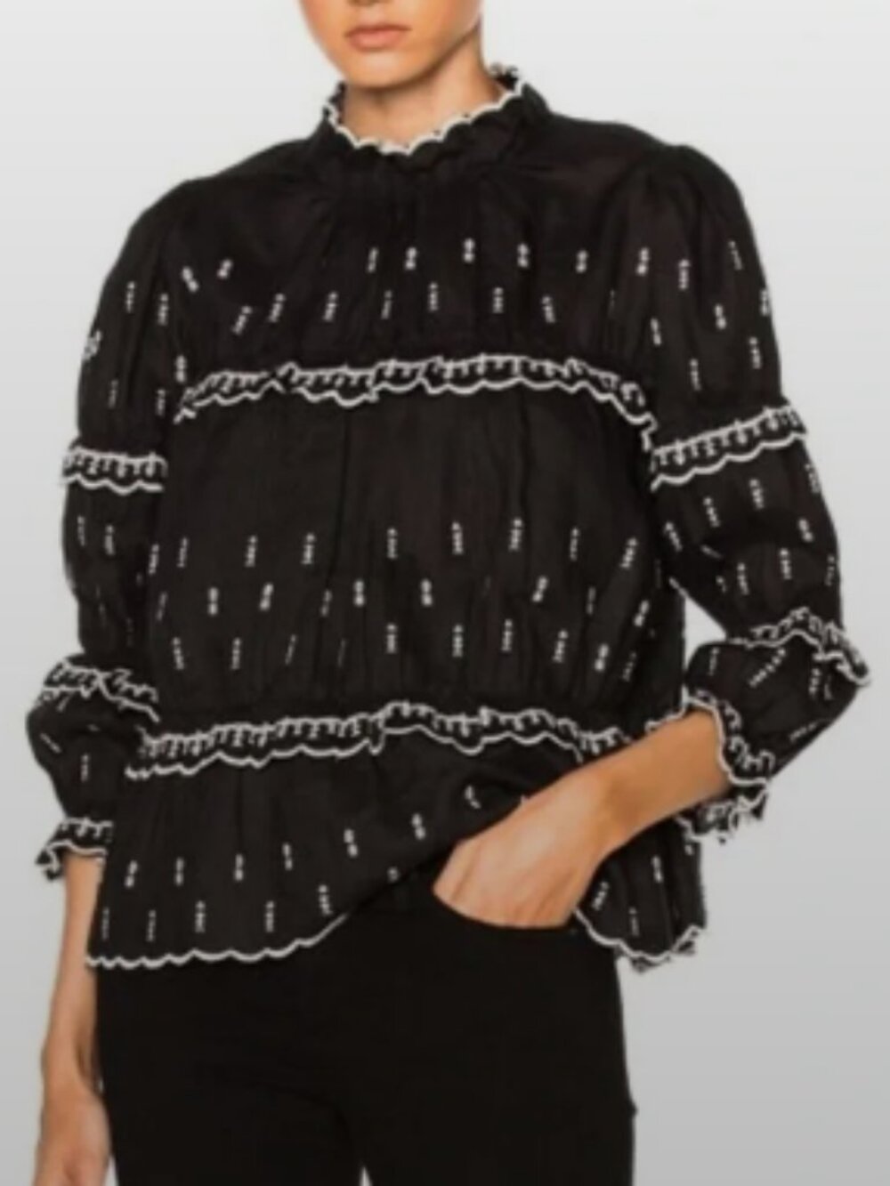 Isabel Marant Étoile "Daniela" Peasant Blouse - Black/White Embroidery Size 38